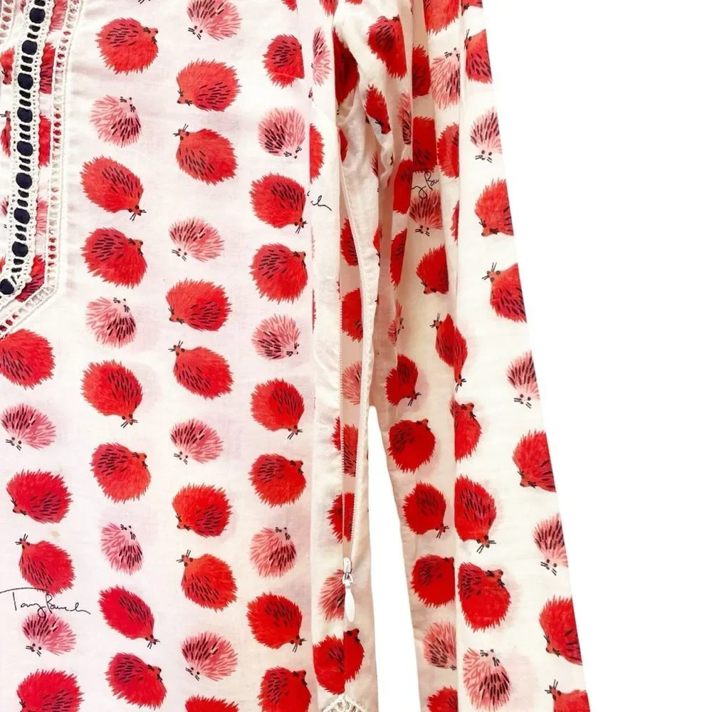 Tory Burch Tory Tunic in Tapioca Hedgehog Cotton Cream & Red Print Size 0 RARE